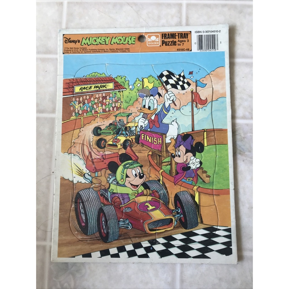 Vintage Golden Walt Disney Puzzle Frame Tray Mickey and Minnie Race 12 Piece